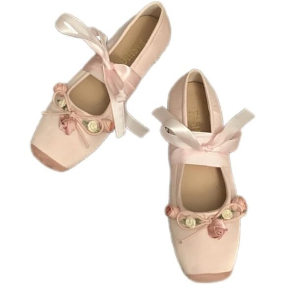 Women Pinkflower Canvas Lace Up Ankle Strap Floral Dressy Ballet Flats Shoes - Picture 6 of 7